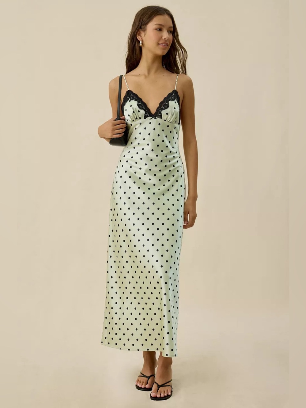 NIA Jasmine Polka Dot Satin Lace Trim Slip Maxi Dress in Green Size S NWT